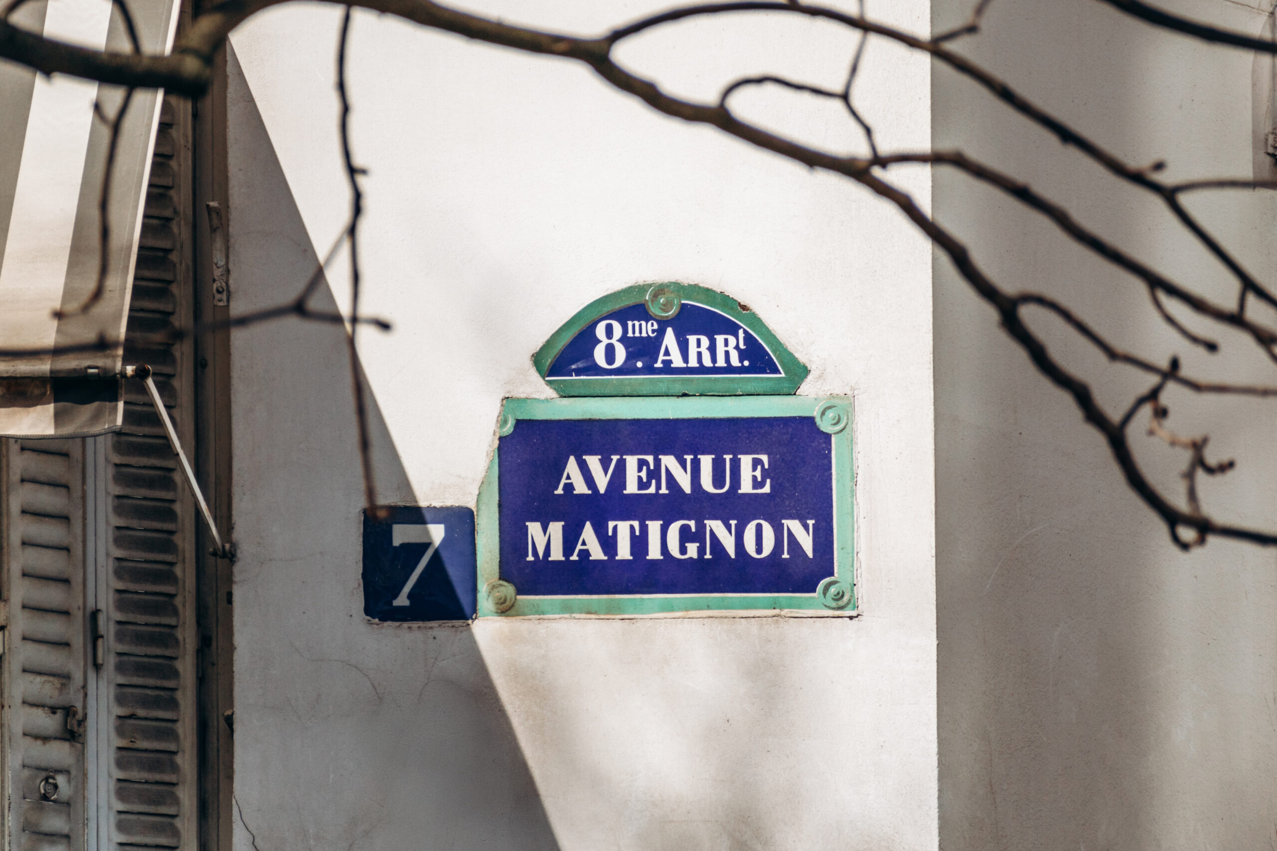 The Avenue Matignon street sign in the eighth arrondissement, the Paris gallery district